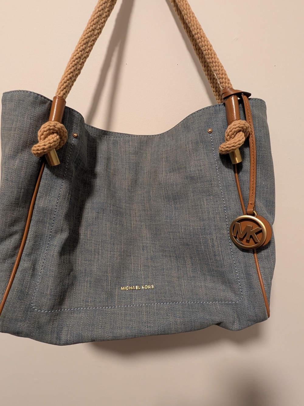 Michael Kors Denim Shoulder Tote in Light Blue with Tan Trim